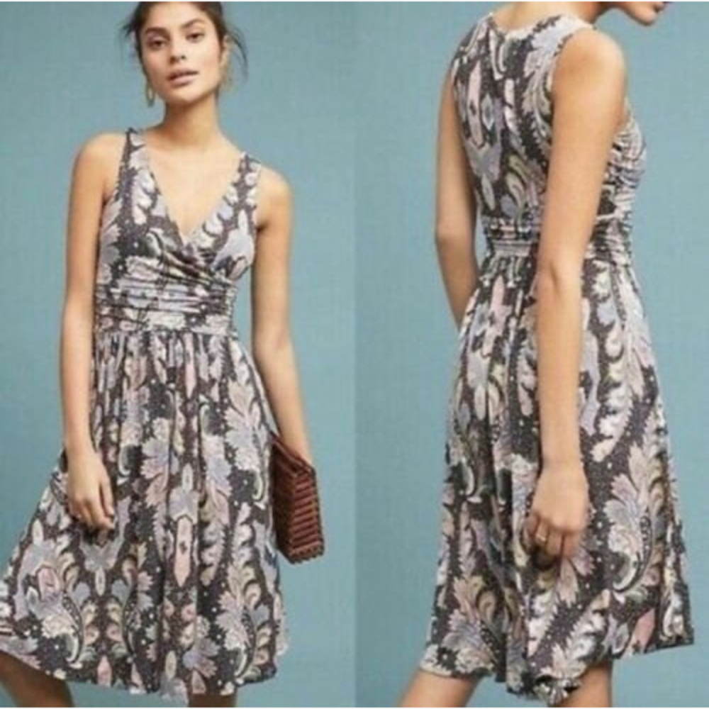 Maeve Leslie Anthropologie Sleeveless Dress Small S Black Gray‎ V Neck​​​​​